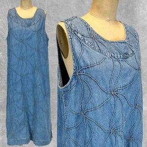 VINTAGE denim jeans long maxi dress sleeveless jumper 100% cotton 3d floral 90s